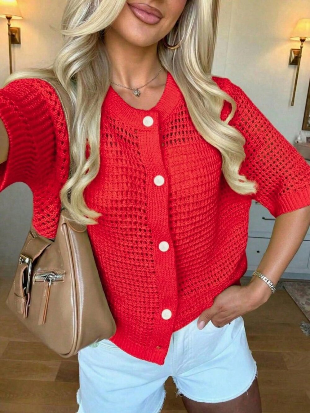 Bright Red Casual Women's button down knit cardigan - Picture 4 of 9